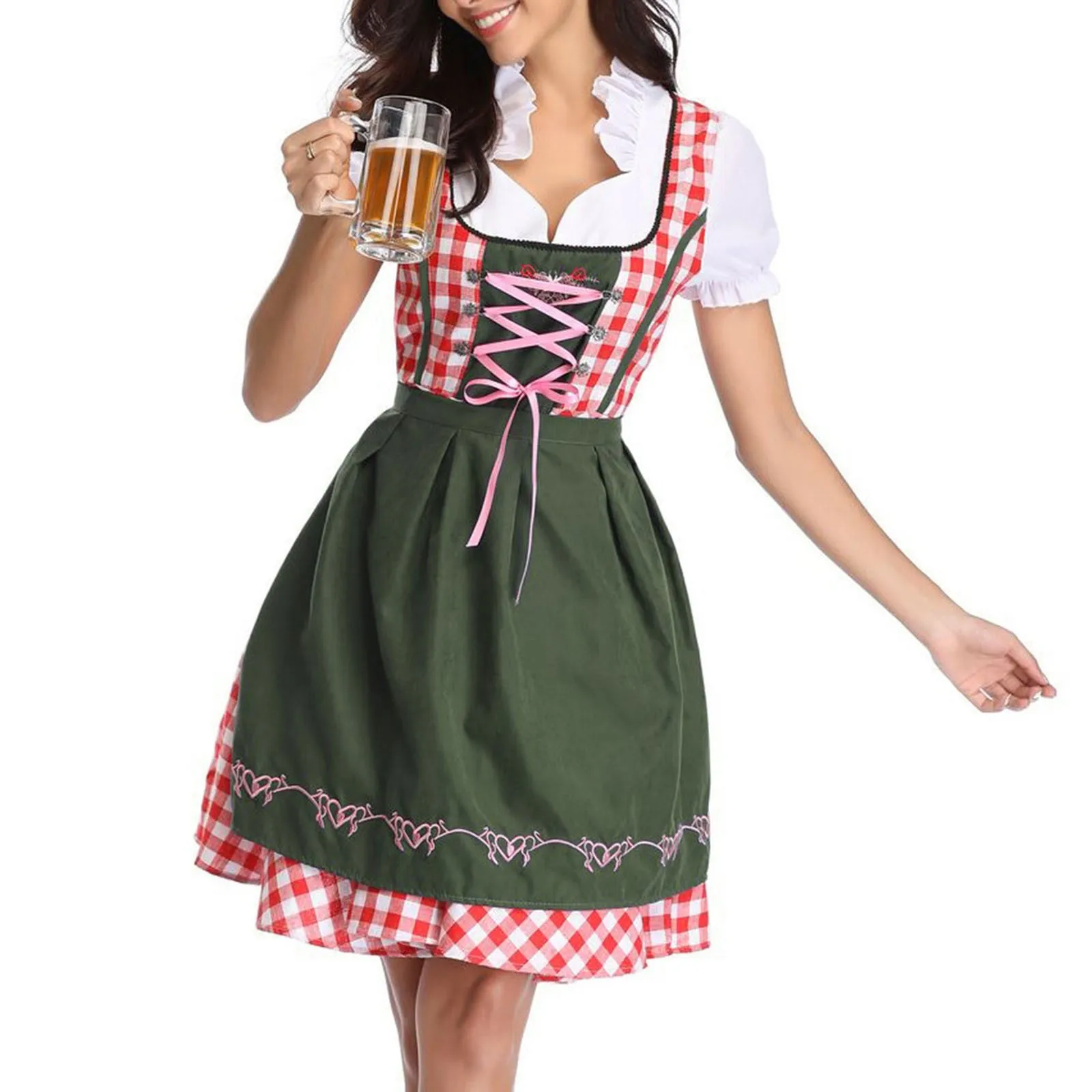 

2024 Adult Women Oktoberfest Dirndl Carnival Party Traditional German Bavaria Beer Girl Dress Maid Costume Dress+Apron Outfit