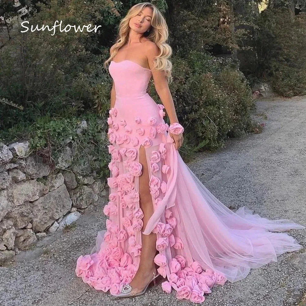 Sunflower Pink Sweetheart 3D Flowers Mermaid Prom dress 2024 Slim Sleeveless Side Split Floor-Length Formal Evening Dress