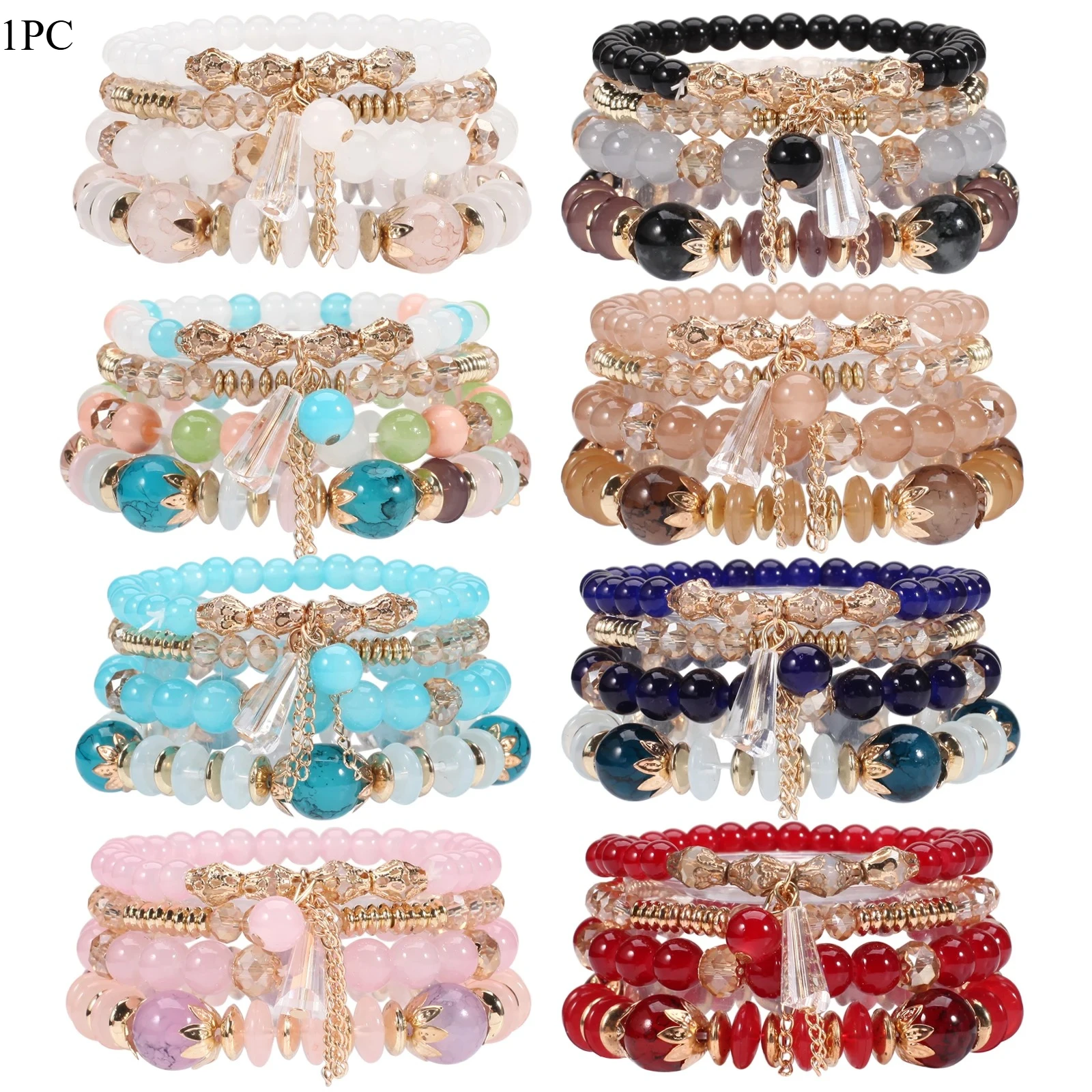 4Pcs/set Bohemian Stackable Bead Bracelets For Women Multilayered Bracelet Pendant Charm Stretch Bangles