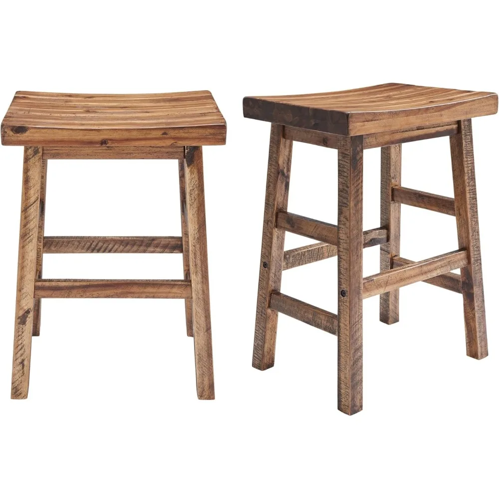 Durango 26-Inch Industrial Wood Counter-Height Stools – Set of 2 Rustic Saddle Seat Bar Stools - Vintage Style with Light