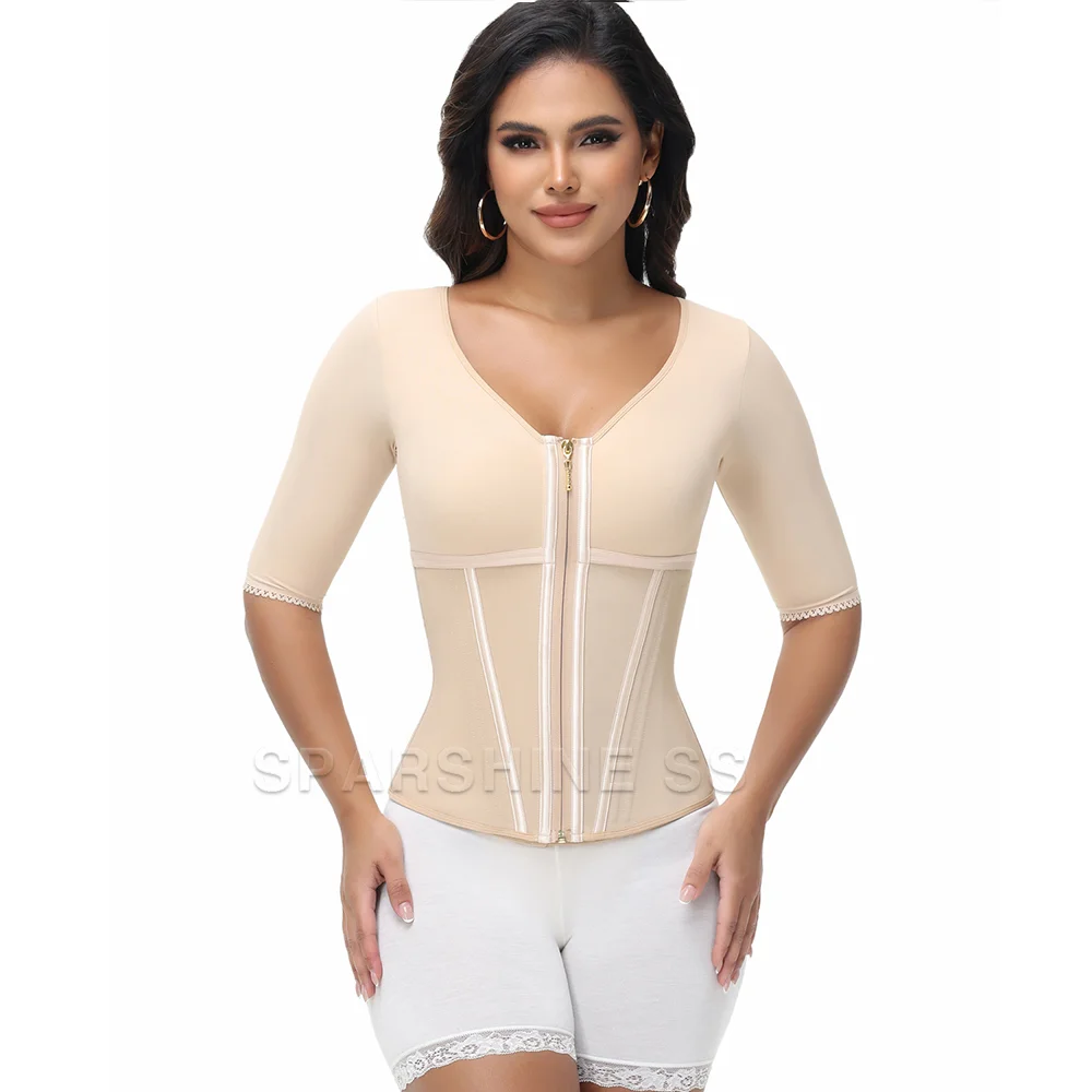 Fajas High Compression Waist Trainer with Sleeves & Zipper Tummy Control Postpartum Postoperative Body Shaper for Women