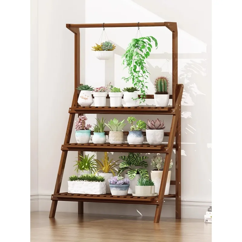 Floor-standing Flower Rack for Balcony, Indoor and Outdoor Storage, Solid Wood, Living Room