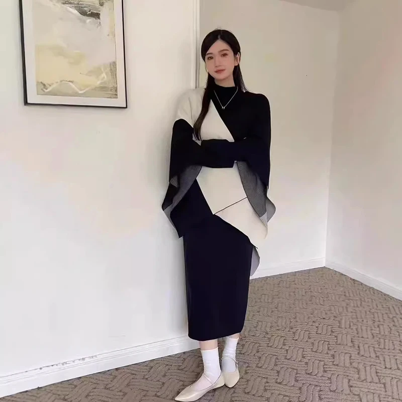 Elegant Knitted Women 2 Piece Sets Korea Patchwork Shawl Coats Tops Ensemble Casual Basic Strecth Soft O-neck Long Dress Outfit