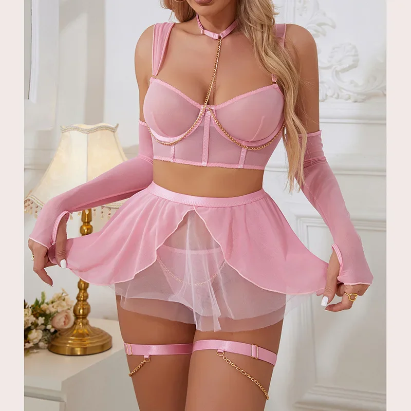 Sexy Lingerie Set with Gloves Pure Desire Skirt Women Solid Perspective Exotic Apparel Suit Female Elegant See Though Underwear