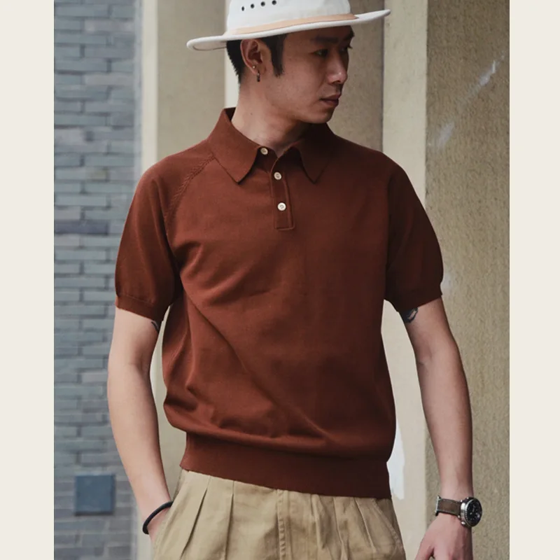2026 American Vintage New Fashion Men's Solid Color Loose Short Sleeve Turn-down Collar Knitted Cotton T-shirts Male Polo Shirts