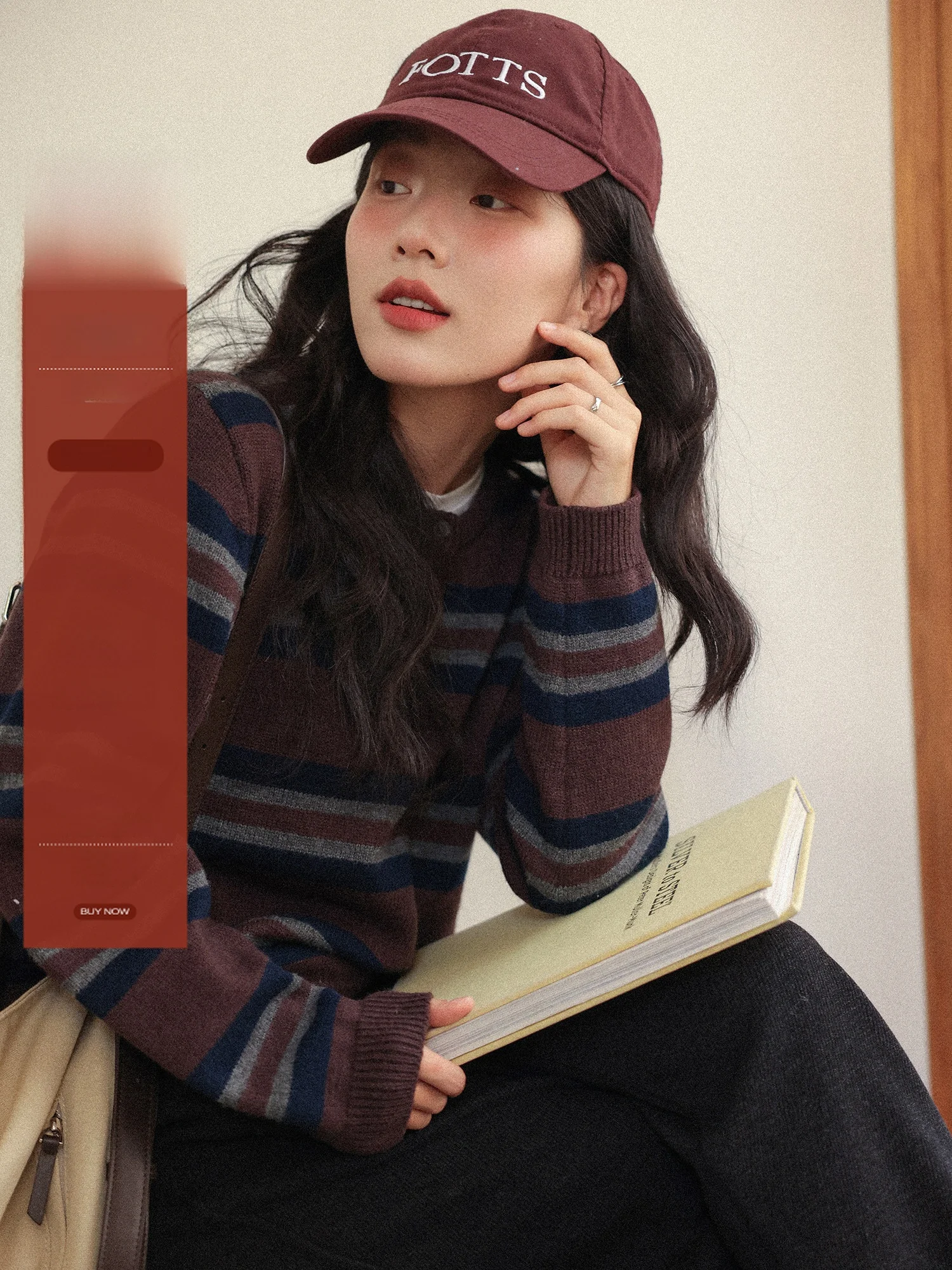 

Retro Striped Sweater Women's Winter Thiened Loose Lazy Sle Casual Knitwear Button round Ne Long Sve Color