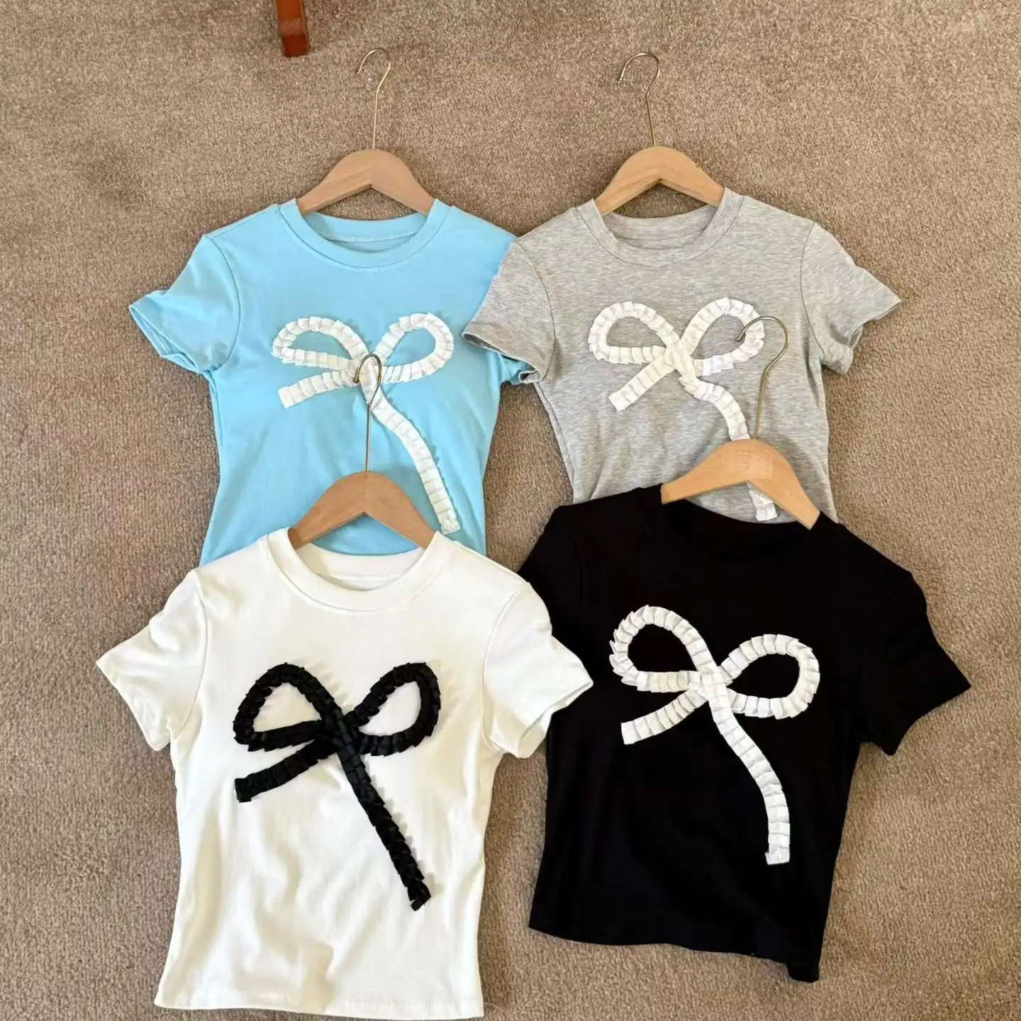 Sweet  Knot Splice round Neck Short Sleeve T-Shirt Women Slimming Integrated with Chest Pad Short Style Nylon Fabric