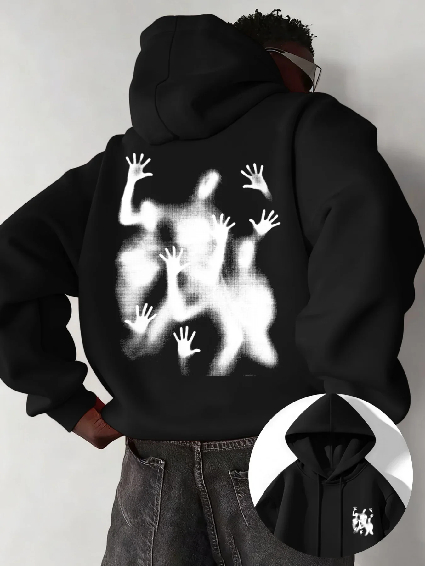 Men Casual Retro Abstract Fashion Hoodie Oversized Loose Fit Pullover Hooded Sweatshirt Street Top Autumn Winter Fleece Lined