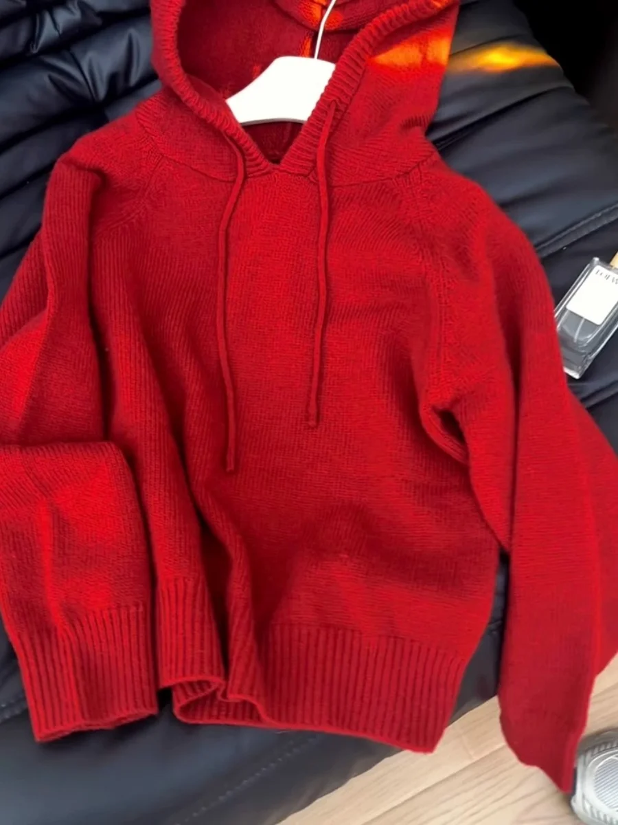 Suéter con Capucha Rojo de Navidad y Año Nuevo, Ropa Interior y Exterior para Mujer, Top de Punto Suave y Acogedor, Estilo In...