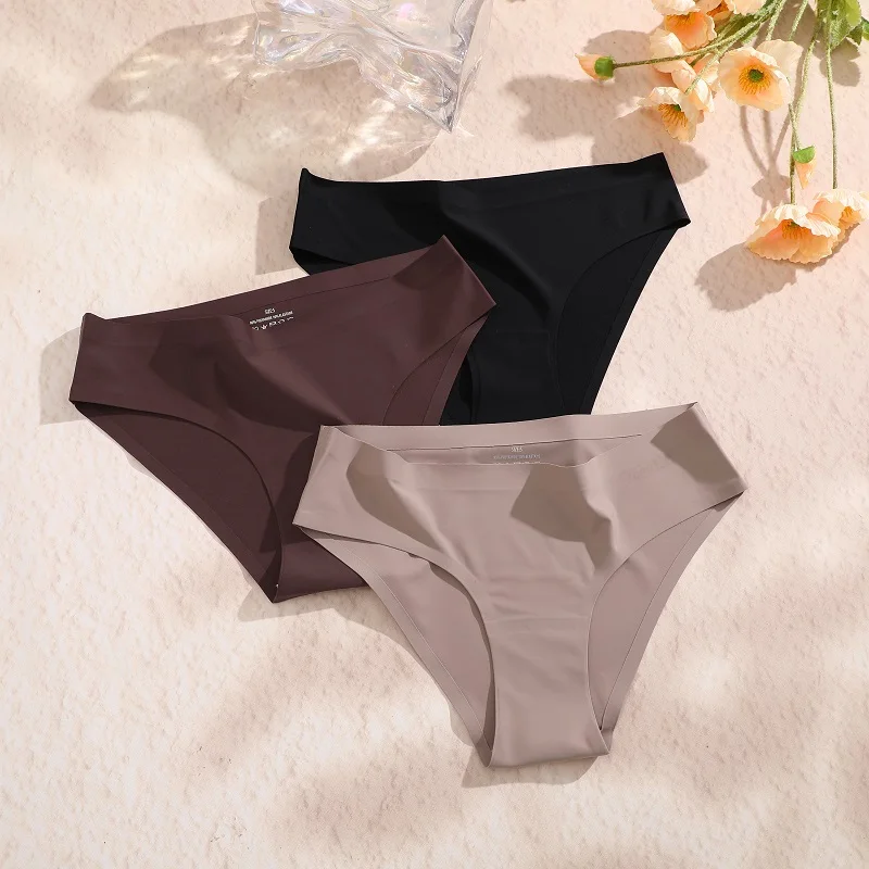 3PCS/Set Women Seamless Panties No Trace Briefs Sexy Low Rise Underear Solid Color Breathable Lingerie Ice Silk Underpants S-XL