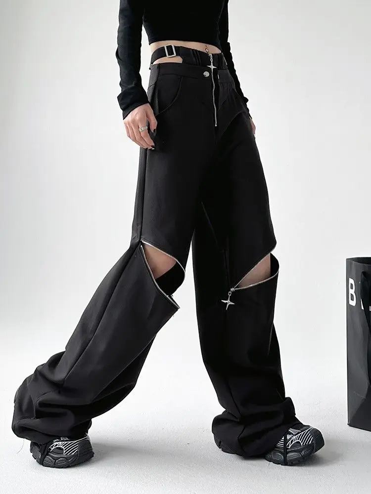 Qweek schwarze Baggy Pants Frauen Gothic Y2k Vintage Reiß verschluss hohe Taille Patchwork Cargo hose Streetwear Punk übergroße Hose