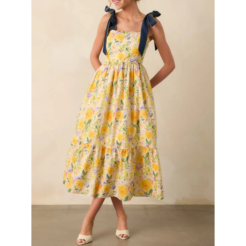Combhasaki Abito lungo da donna estivo con spalline larghe, fiocco legato, collo quadrato, stampa floreale, smock, senza schienale, fluido, a trapezio