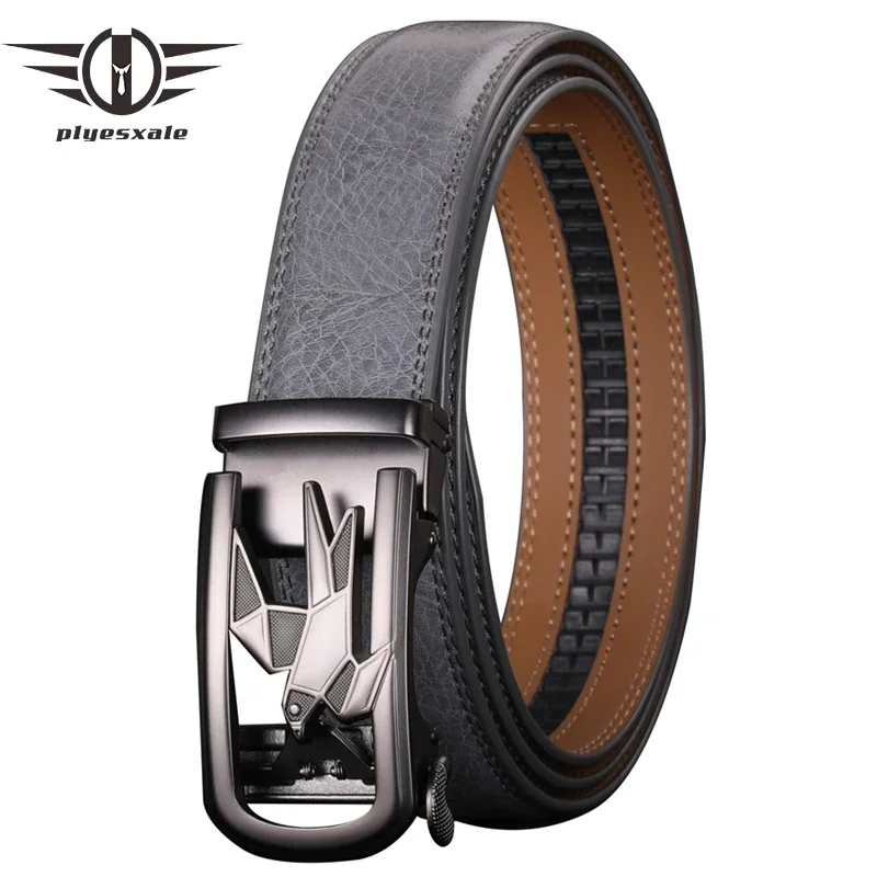 Plyesxale Gray Genuine Leather Belt For Men Automatic Luxury Business Formal Office Belt Mens Pigeon ceinture cuir homme B278