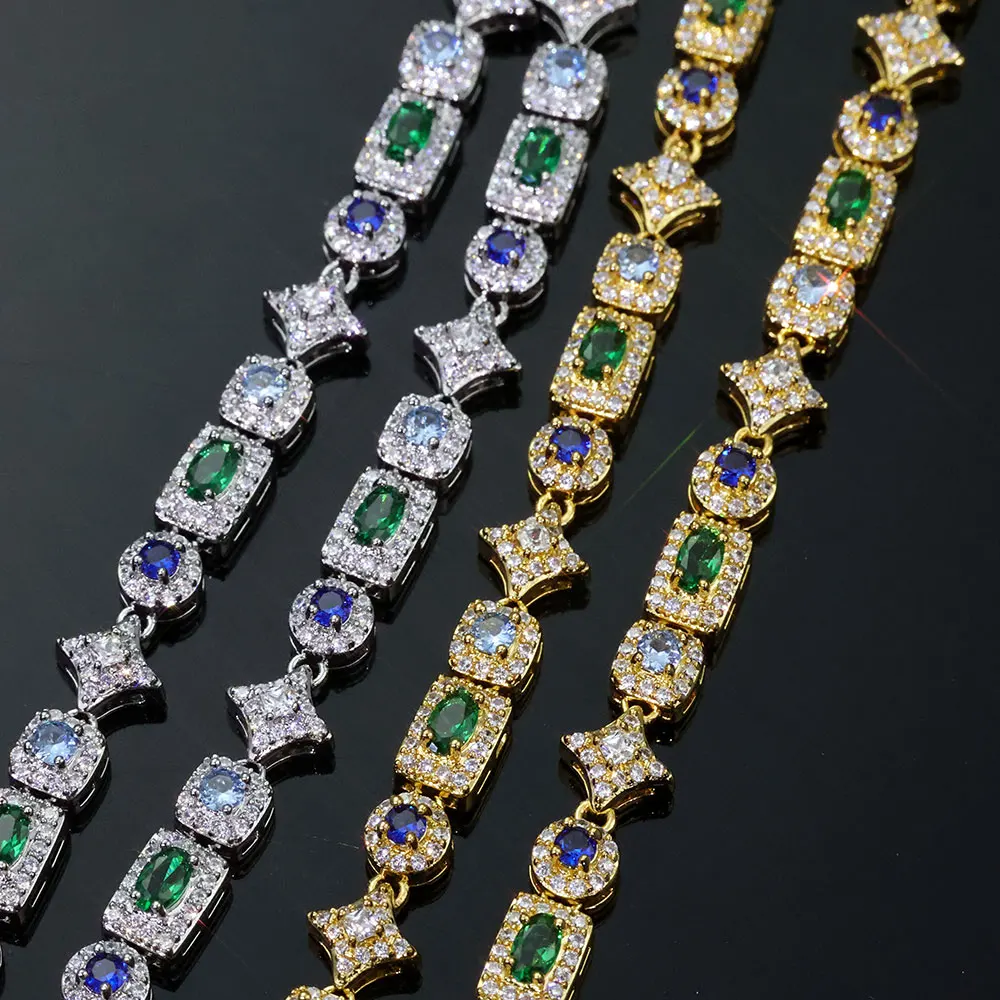 NY High Quality 6mm Iced Out Diamond Star Chain Necklace Colorful Geometric Blue/Green/White Zircon Chain Hip Hop Fine Jewelry