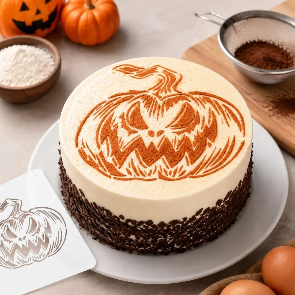 Halloween Scary‑Face Pumpkin Cake Decor Stencil Template, DIY Tool for Holiday Party Fondant, Cookie and Dessert Decoration