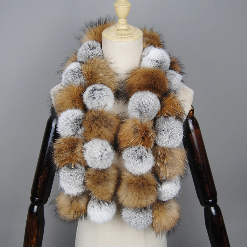 2024 Women Knitted Rex Rabbit Fur Scarves With Raccoon Fur Strips Real Raccoon Fur Mufflers Winter Warm Fur Wraps Elastic Rings