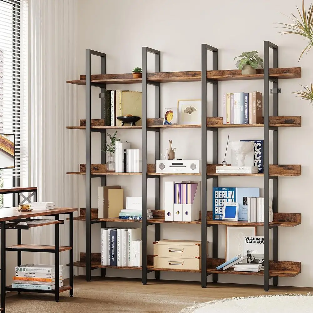 IRONCK Book Shel Triple Wide Bookshelves 5 Tiers with Back ence | Large Open Shelves, Etagere Book Shel, Home Oice, Easy Assembl