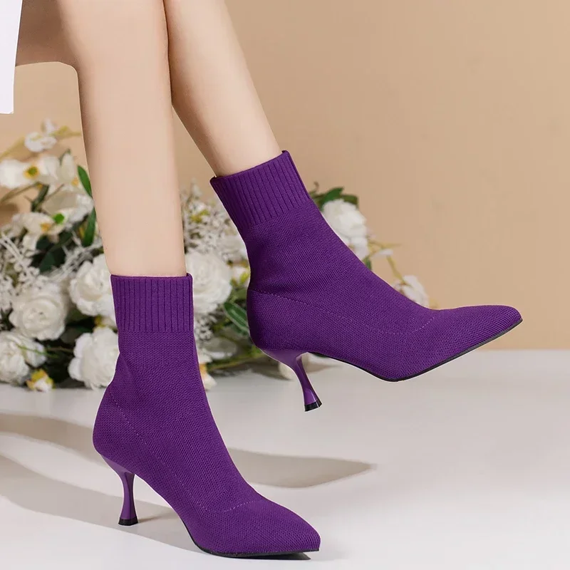 Women Ankle Boots Pointed Toe High Heels Autumn Fashion Women Socks Shoes Stretch Fabric Slip-On Sexy Sock Heeled Chelsea Boots