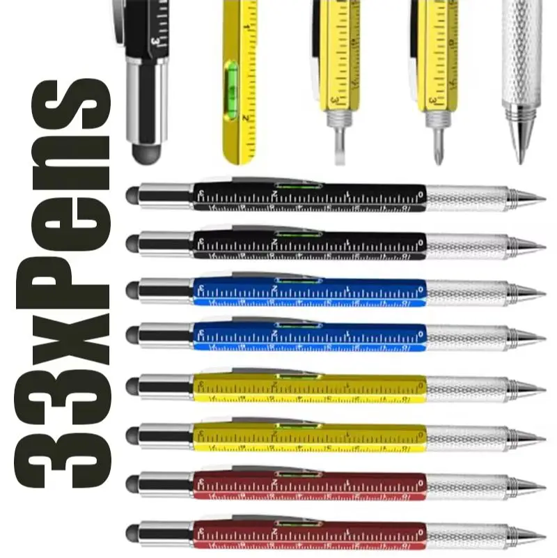33pcs-tool-pen-stylus-touch-tip-level-bubble-scale-ruler-phillips-slotted-screwdriver-writing-plastic-ballpoint-pen