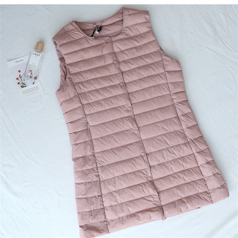 Autumn Winter Women Down Waistcoat Jacket Parkas Ultra Light Thin White Duck Down Vest Coat Lady Warm Sleeveless Midi Long Tank