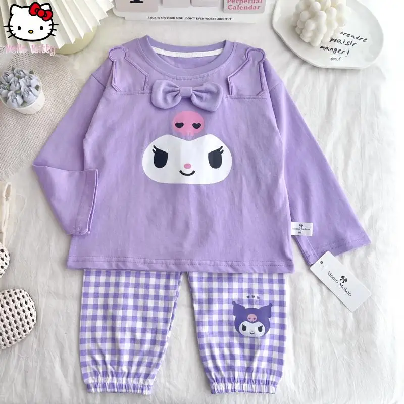 

Детский пижамный комплект в клетку с персонажами Sanrio: Куроми и Мелоди, удобная дышащая домашняя одежда для девочек, осенняя новинка, милый дизайн.