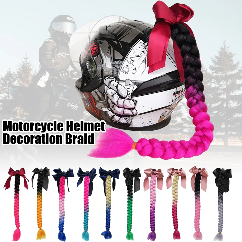 Hot Sale! Bowknot Helmet Pigtails Gradient Helmet Braids Ponytail Hair with Suction Cup Motor Bike Cycling Skiing Helmet Decor