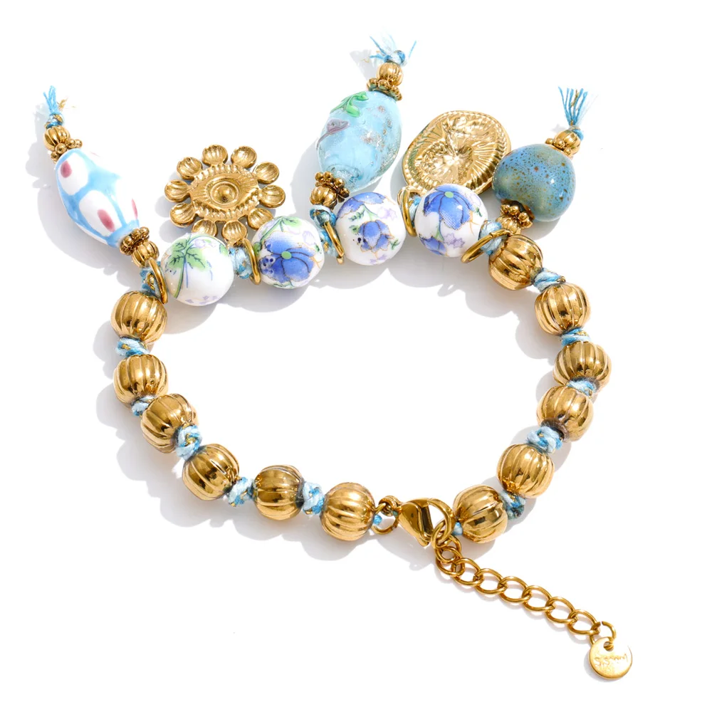 Women's Handmade Beads Chain Ceramic Heart Eye Drop Necklace Bracelet Set