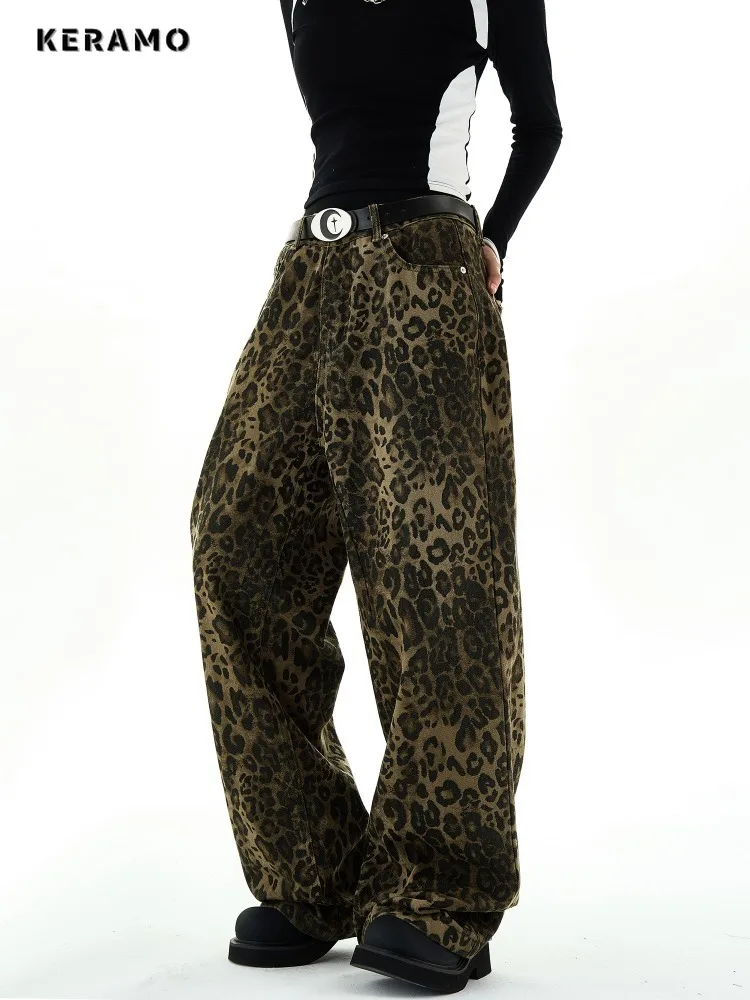 Women's Retro Wide Leg Baggy Denim Trouser Casual Aesthetic Leopard Print High Waist Jeans 2024 Spring Fashion Loose Pants