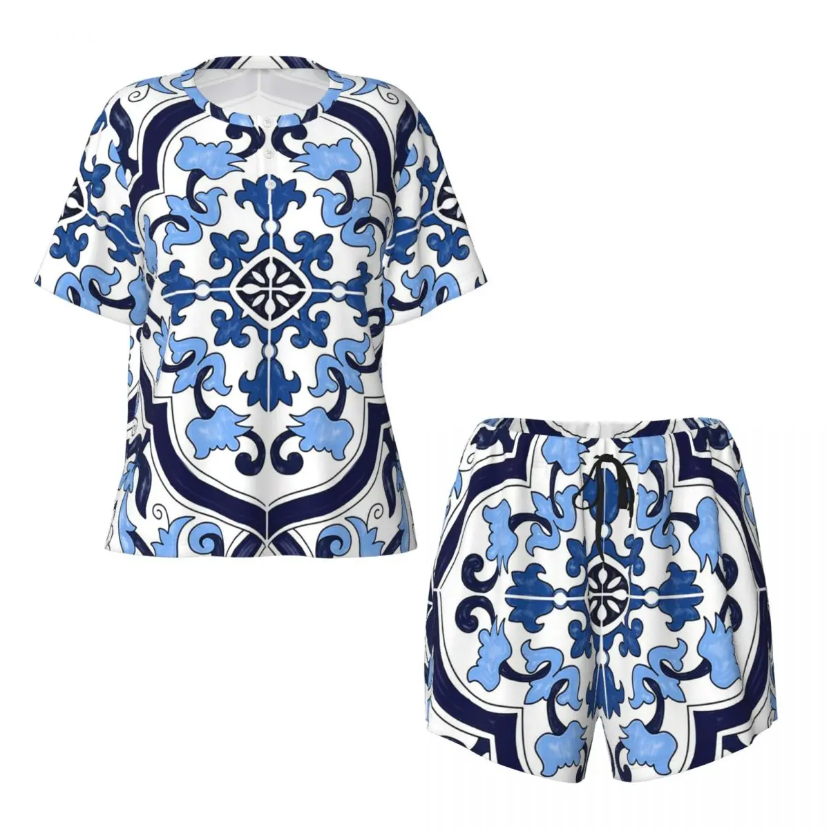 

Синяя пижама с цветочным узором в средиземноморском стиле: ночная рубашка с круглым вырезом и короткими рукавами, комплект с шортами для сна