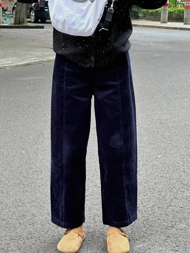 Cobalt Blue Corduroy Wide Leg Casual Pants Women's High Waist Straight Cut Nine Point Vintage Japanese Style Spring Autumn pl...