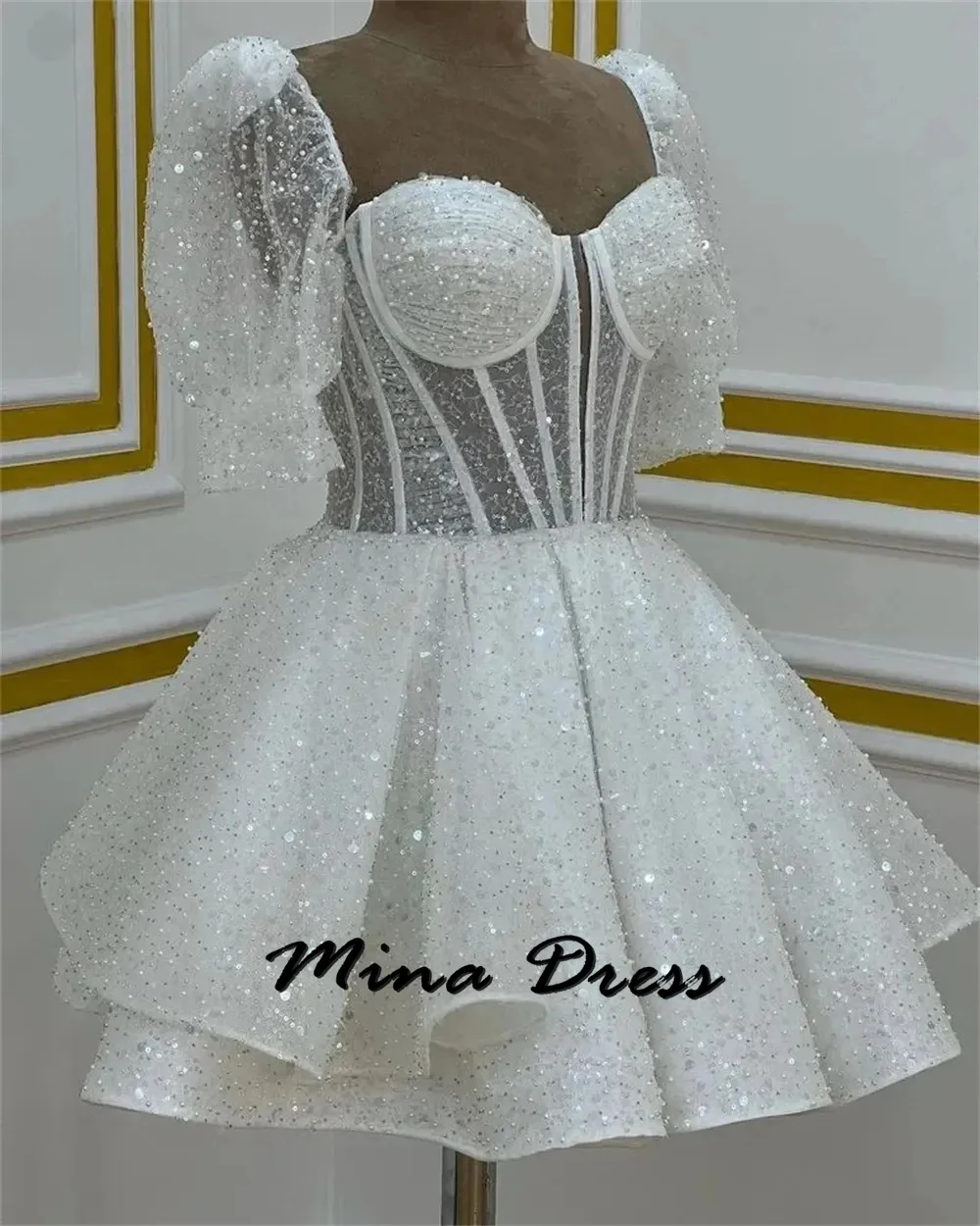 Mina Abito da festa donna senza spalline personalizzato Es maniche a sbuffo Abiti da sera eleganti 2024 Abiti da ballo con mini paillettes senza