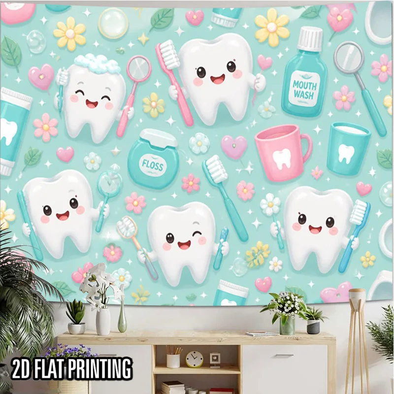 Cute Kawaii Teeth Tapestry, Dental Care Pattern with Toothbrush & Floss, Kids Bathroom Wall Hanging, Cartoon Hygiene Decor,