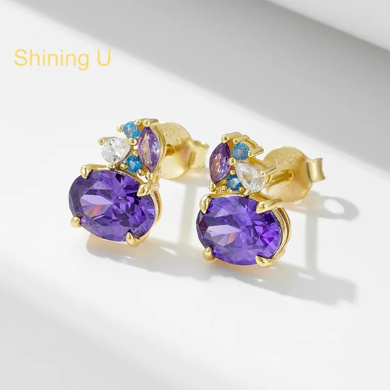 

Shining U 925 Sterling Silver Purple Gems Oval Stud Earrings for Women Fine Jewelry Birthday Spring