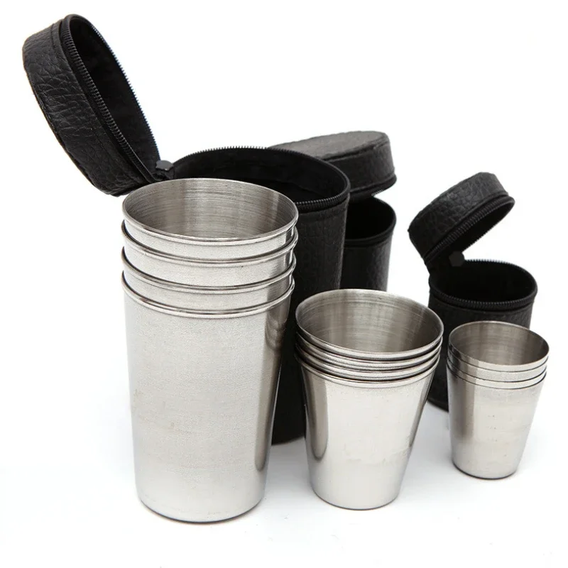 4pcs/set 30ml Outdoor Stainless Steel Cup Reusable Coffee Wine Cups Camping Travel Mug Cup Set with PU Leather Case Cover