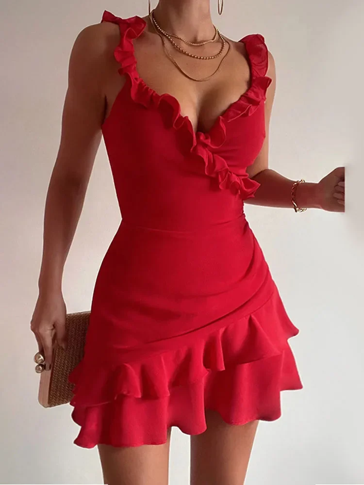 

Fashion Ruffled Strapless Mini Dress Women Sleeveless V-neck Stitching Solid Color High Waist Sexy Party Slin Mini Dress