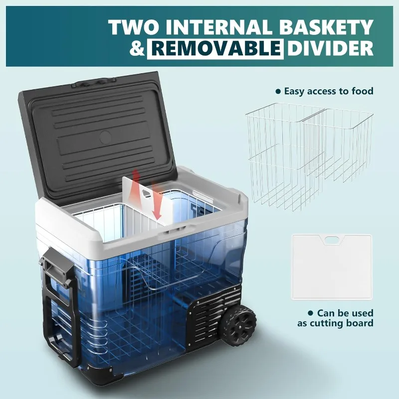 EUHOMY Refrigerator, 53 Quart(50L) Car Fridge Freezer 12V/24V DC 110-240V AC, Portable, Electric Cooler with Wheels & 2 Baskets