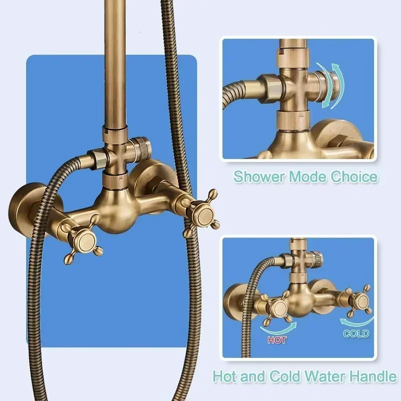 Antique Brass Shower System Bathroom Shower Faucet Set with 8 Inch Rainfall Shower Head Handheld Spray 2 Cross Handles Wall