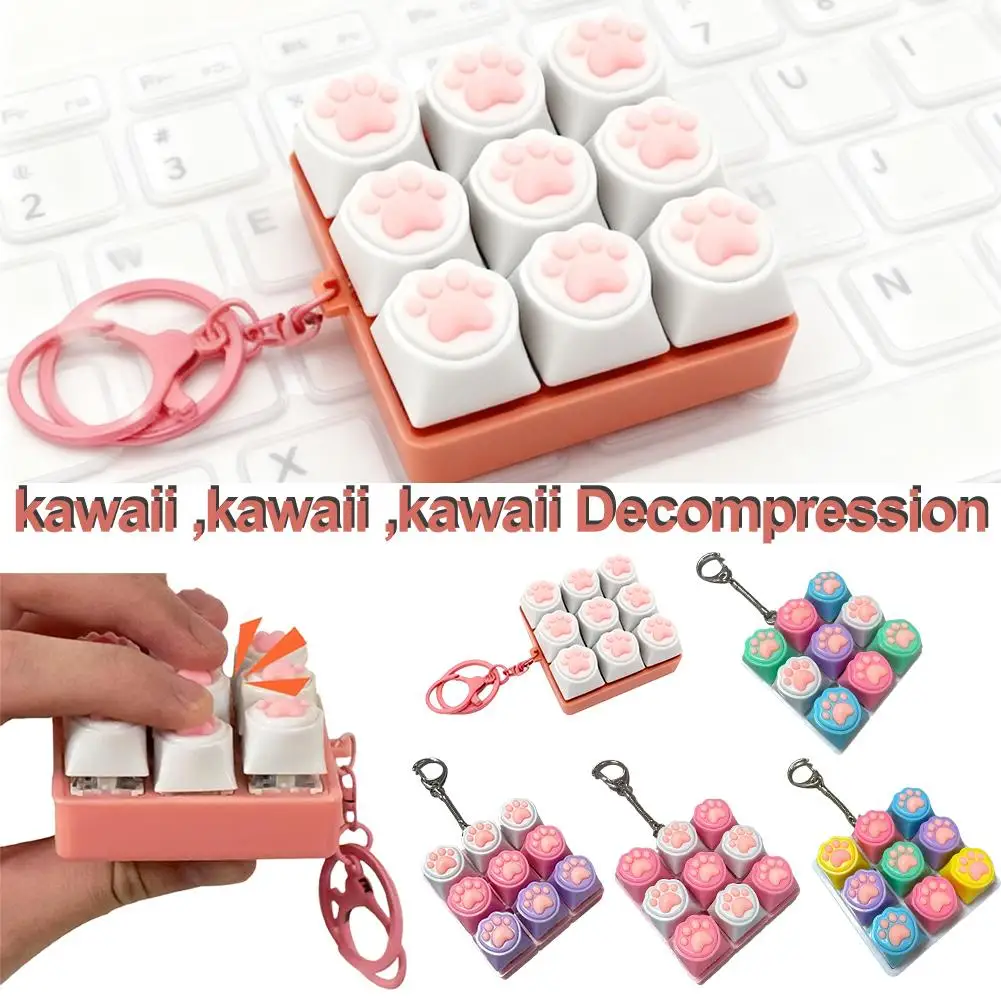 9 Keys Keyboard Key Toy Cat Paws Finger Button Stress Relief Toys Mechanical Keyboard Keycaps Keychain Office Decompression Calm