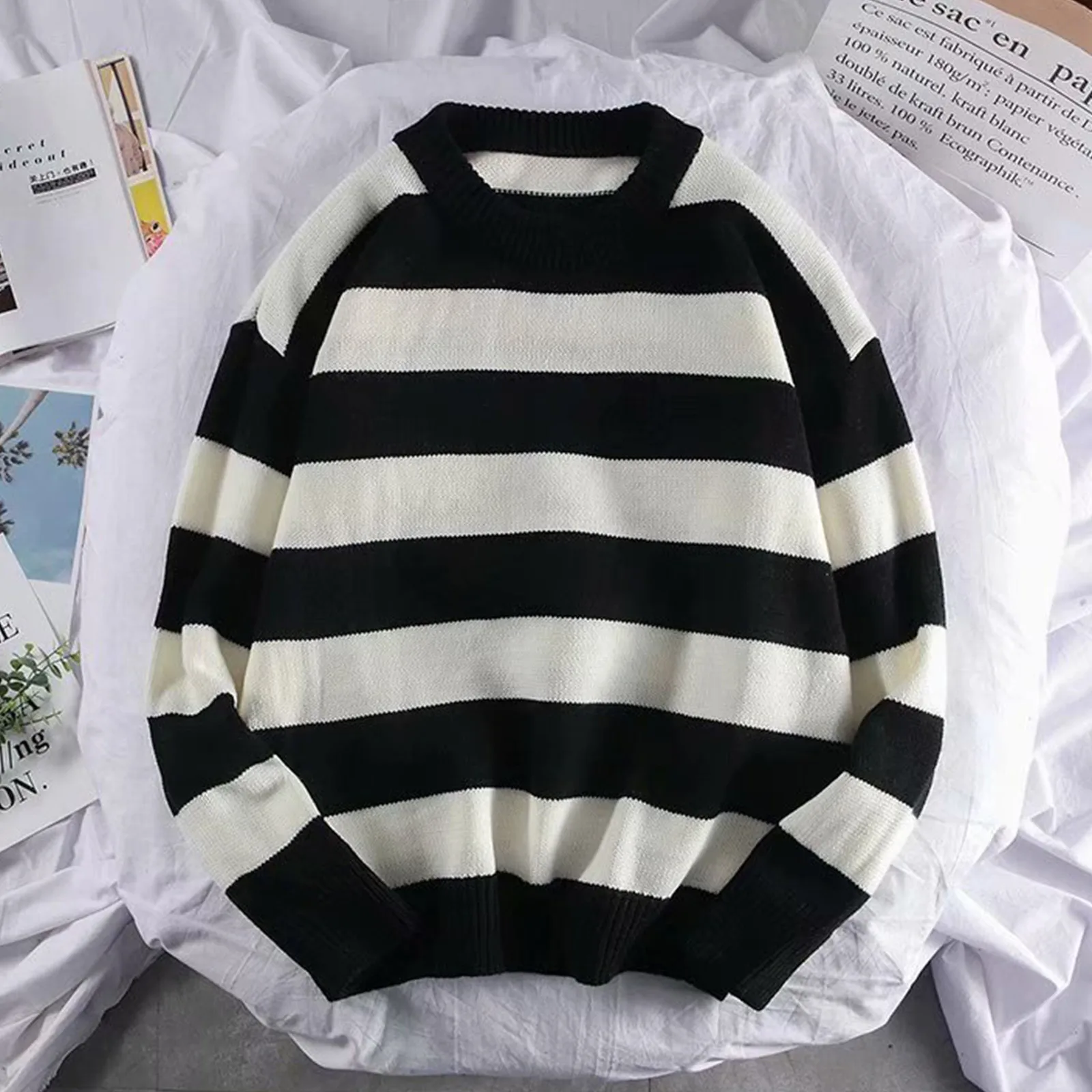 

Striped Men'S Sweaters Black White Rip Long Sleeve Knitted Pullover Loose Warm Round Neck Sweatshirt Soft Blouse Korean Streewea