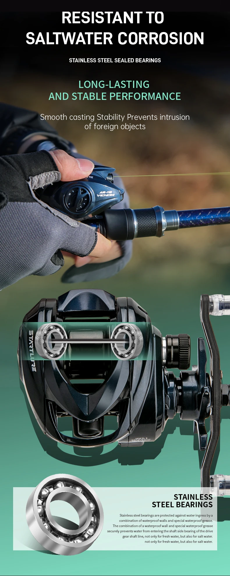Baitcasting-Angelrolle Leichtgewichtiger Kohlefaser-Rahmen 7,0:1 Übersetzungsverhältnis 4kg Bremskraft Flache Spule Kleinfisch-Angeln VENOM – Detail 4