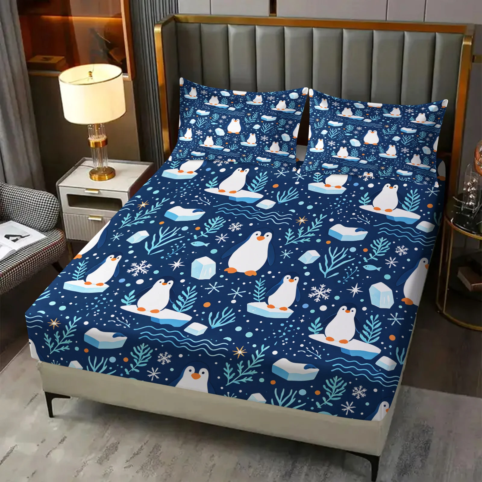 Dark Blue Cute Penguin Fitted Sheet Set Cartoon Antarctic Ice Snow Sea Print Deep Pocket Elastic Mattress Cover with Pillowcases