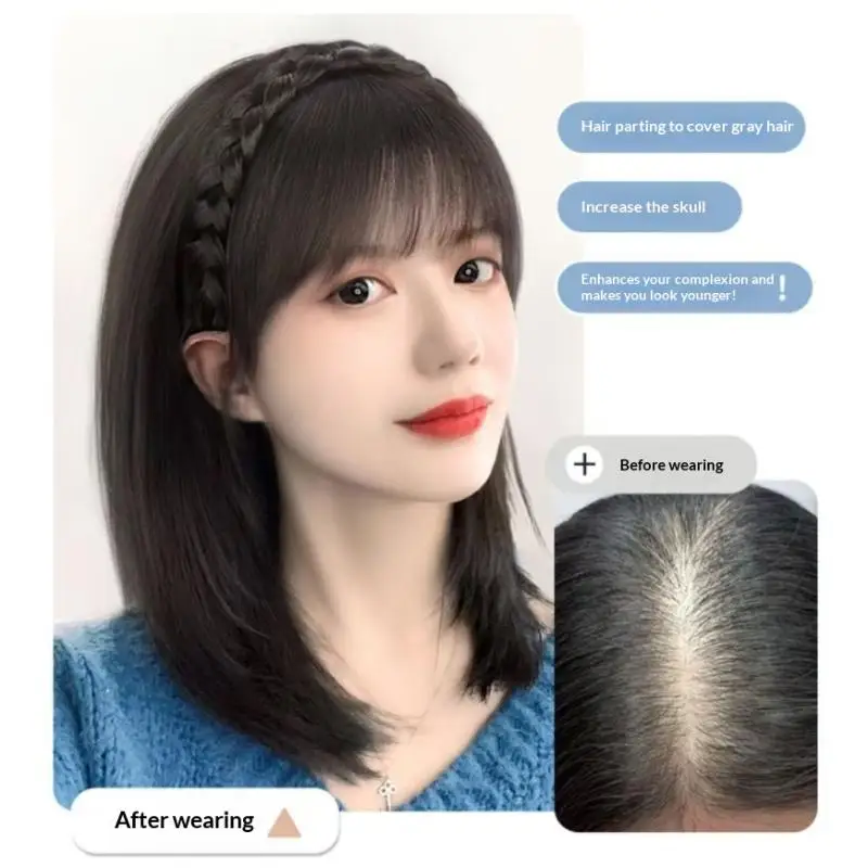 Braided Hair Band With Bangs Synthetic Fringe Headband Wig Natural Hair Color Invisible Hairpiece For Daily Makeup Party Decor - view 6