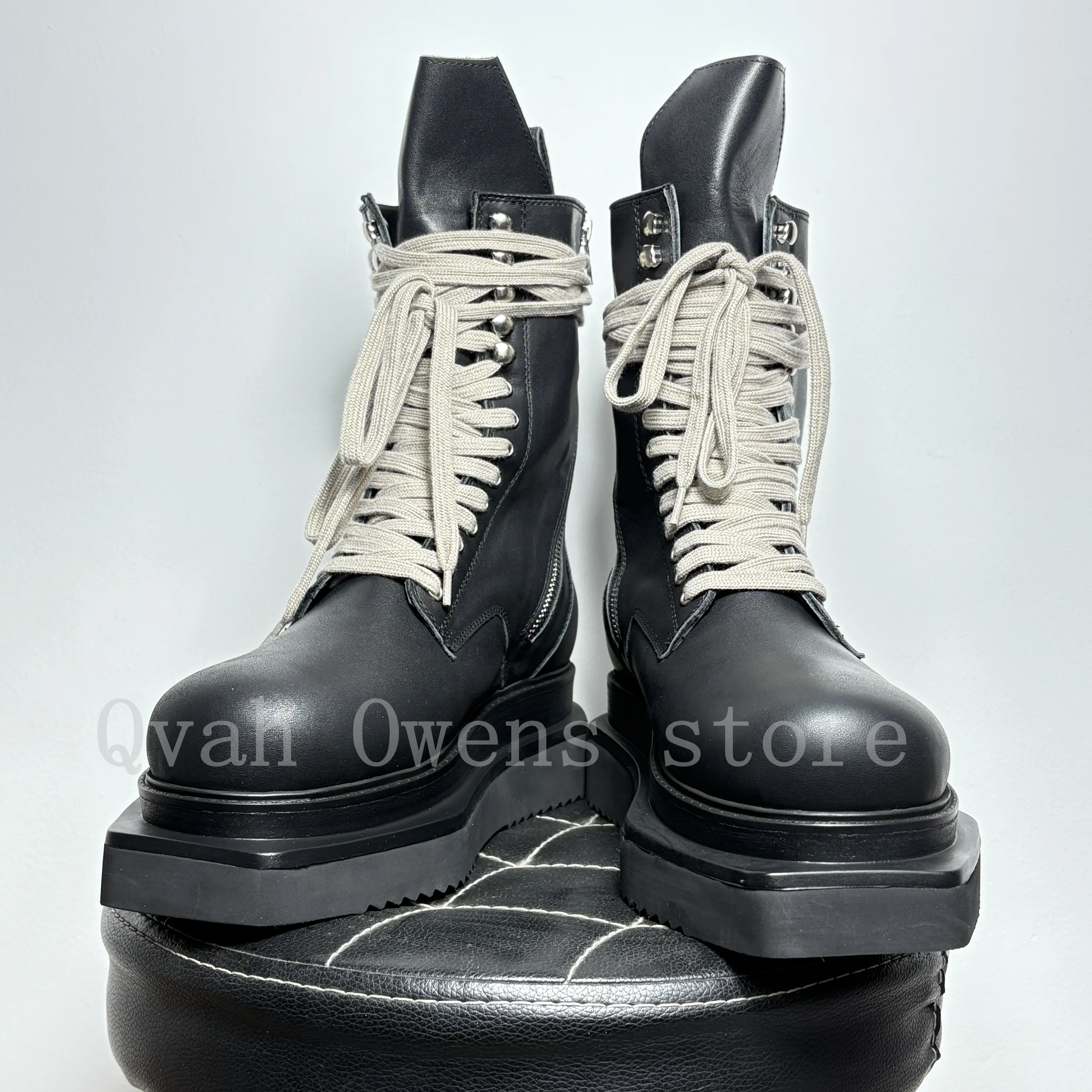Men\'s High Top Shoes Platform Sneakers Chunky Sole Leather Lace Up Zip Heels Luxury Trendy Designer Black Motorcycle Boots