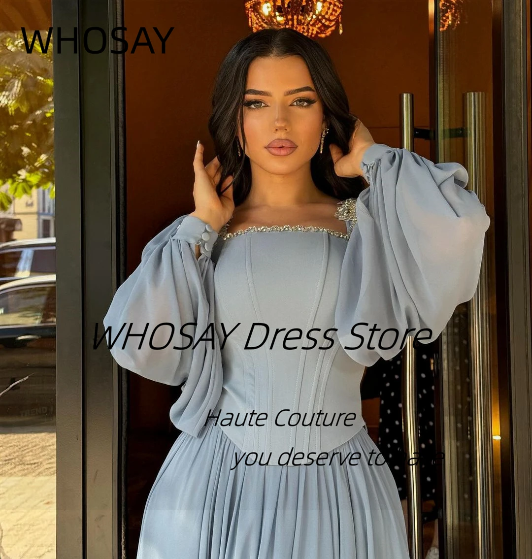 WHOSAY Custom Beaded Square Neck Evening Dresses 2025 Long Sleeves Lace Up Back Prom Dress Saudi Arabia Special Banquet Gowns