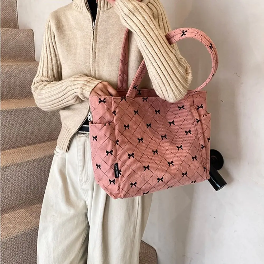 Torba na zakupy z sztruksu w stylu koreańskim z kokardą, podróżna torba na ramię, zapinana na zamek, z wieloma kieszeniami, przenośna torebka.