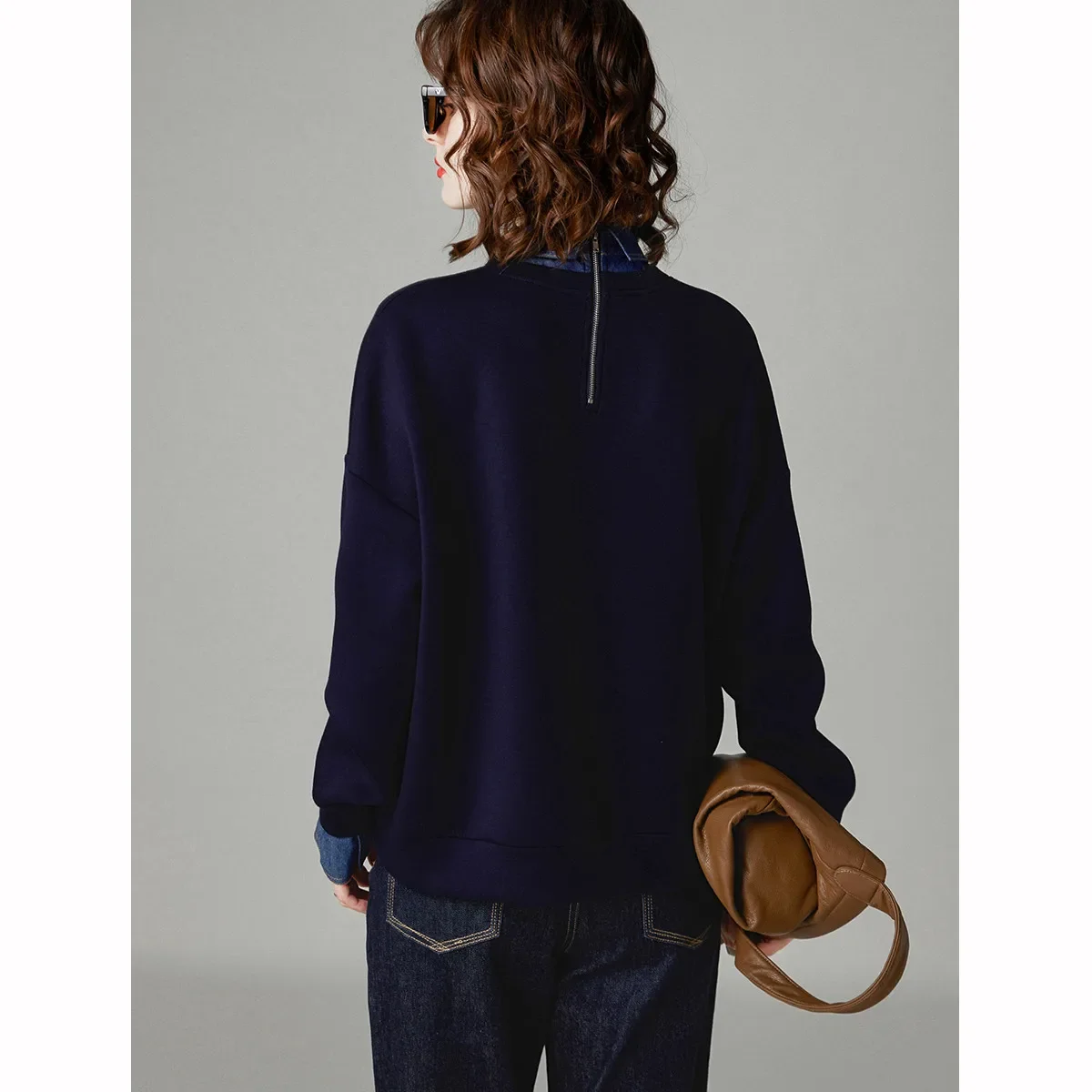LOUIS YAO Women's Sweatshirts 2024 Spring Heavy Applique Embroidered Bear College Style Denim Splicing Fake Two-piece Hoodies