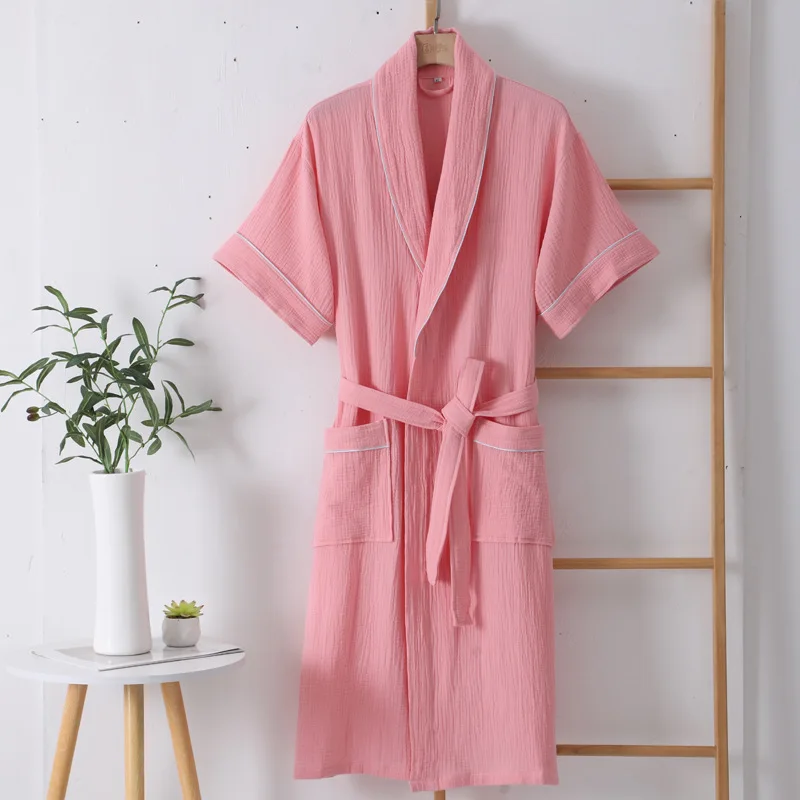 Summer Thin Cotton Bathrobe Double Layer Gauze Short Sleeve Nightgown for Men and Women Absorbing and Quick Drying Bathrobe