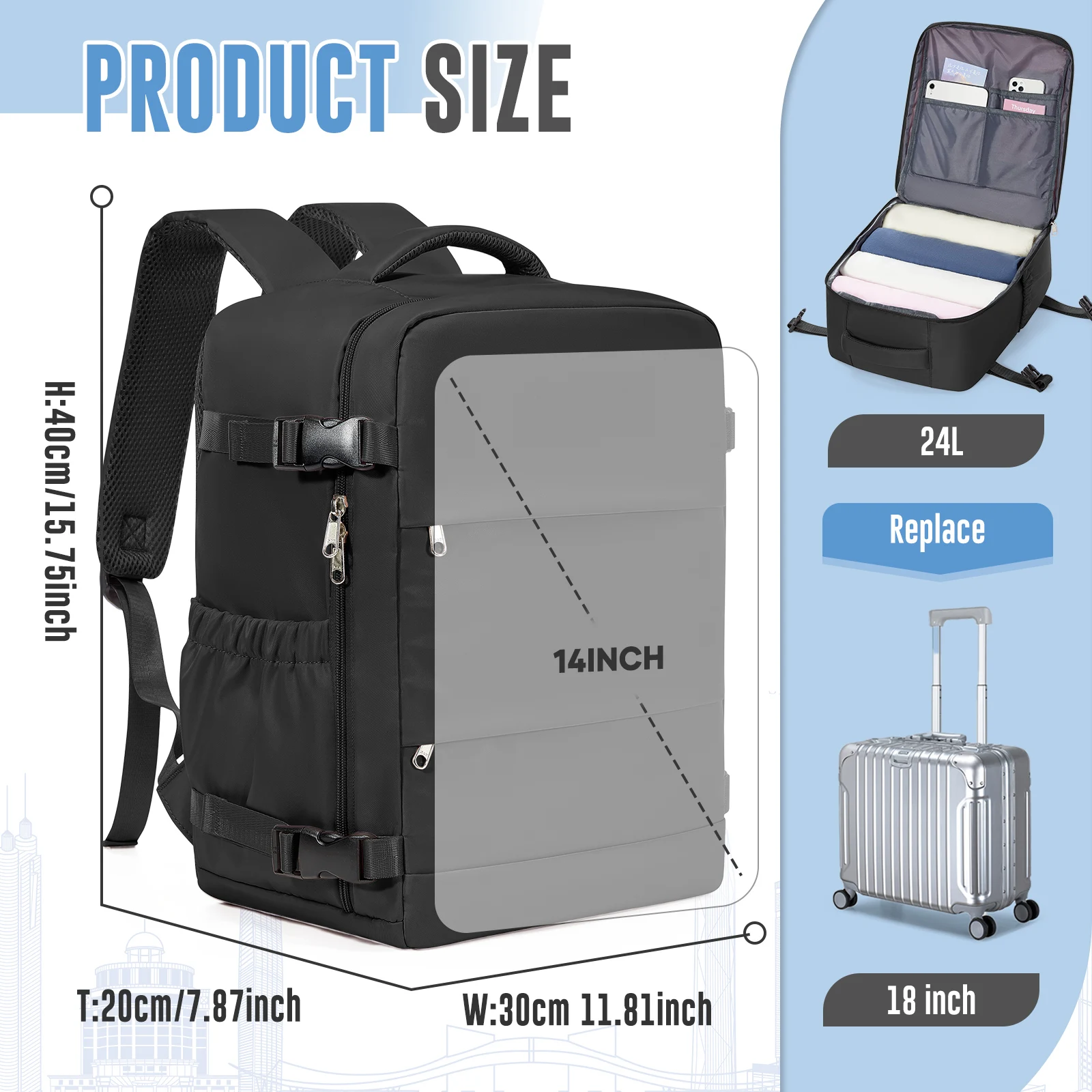 حقيبة ظهر Ryanair مقاس 40 × 30 × 20، حقيبة ظهر Easyjet Wiz Cabin Airplane، حقيبة ظهر للسفر للنساء والرجال تحمل حقيبة كمبيوتر للأعمال