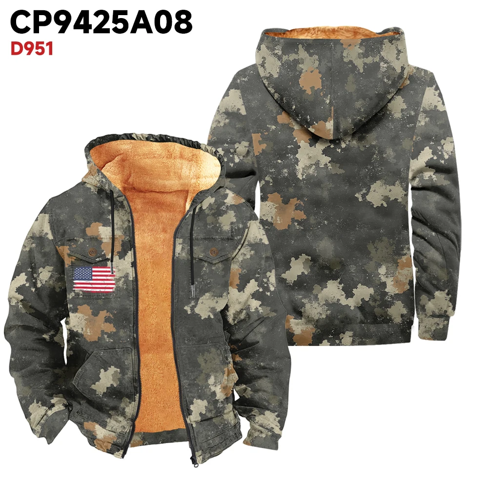 Men's outerwear winter jacket military green camouflage national flag icon fashionable trend thick and warm