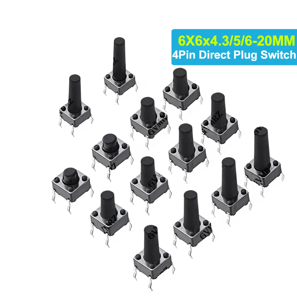 50PCS 6x6 Push Button Switch DIP 6X6X4.3 Light Touch Switch 6*6*4.3/5/6/7/8/9/12MM The Power Switch 4Pin Direct Plug Switch